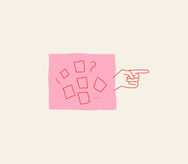 Original Open Studio sketch of a hand pointing at scattered ideas on a board