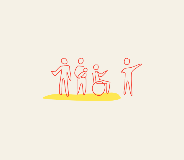 Original Open Studio sketch of a group of people, some standing together on common ground